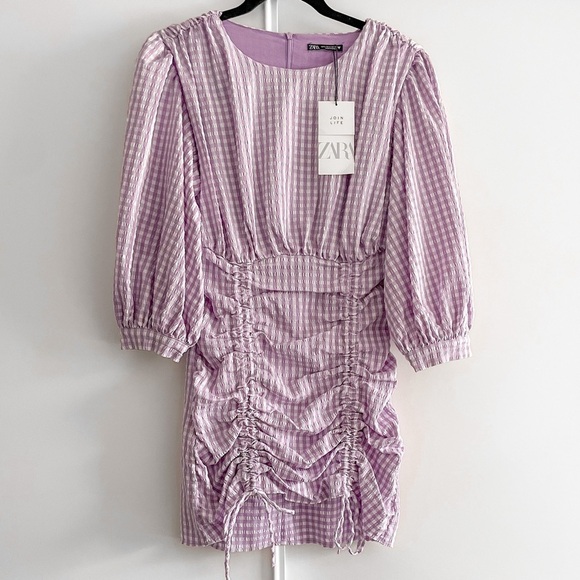 ZARA Blogger Lilac Gingham Ruched Mini Dress - Picture 5 of 16